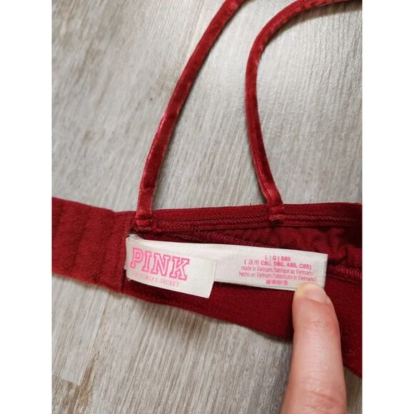 PINK Victoria’s Secret Velvet Bralette L Red Strappy Back Wireless Bra EUC - Picture 5 of 7